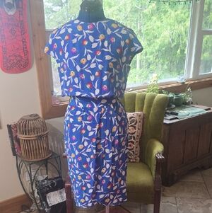 Albert Nipon Executive Vibrant Blue Floral Dress Silk Wrap Nieman Marcus Vintage